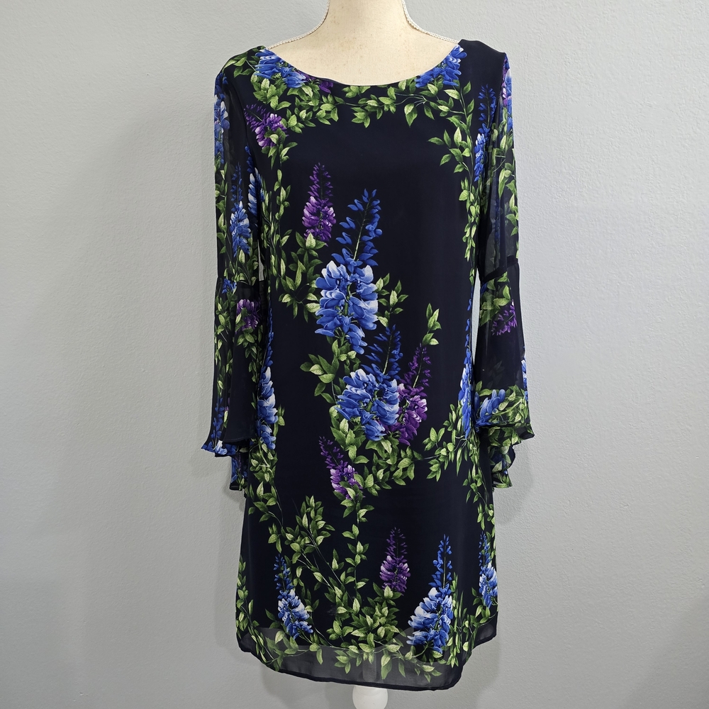 Jessica Howard Black Dress with Blue and Purple Floral Design